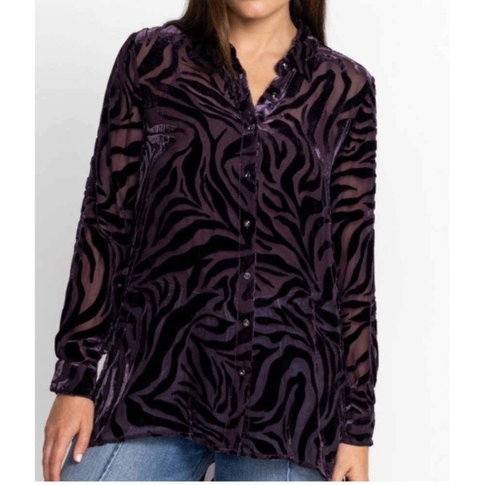 Johnny Was Jade Womens Zado Silk Blend Velvet Feel Zebra Print Sheer Top 2XL